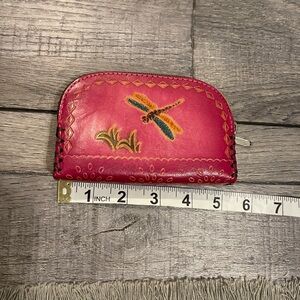 Pink Leather Coin card holder with Dragonfly Design